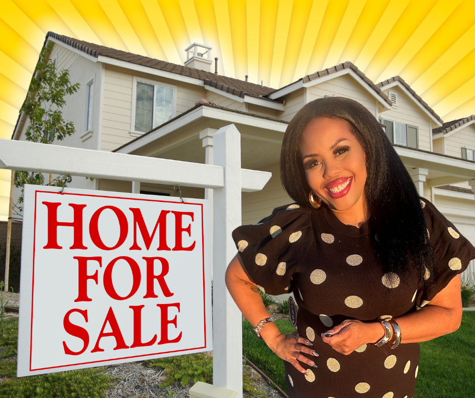 Professional headshot of LaShelle Rauseo, a Texas Loan Officer specializing in first-time homebuyers, standing beside a red and white 'Home For Sale' sign in front of a modern beige house. The image has a vibrant, sunny feel, highlighting homeownership opportunities.